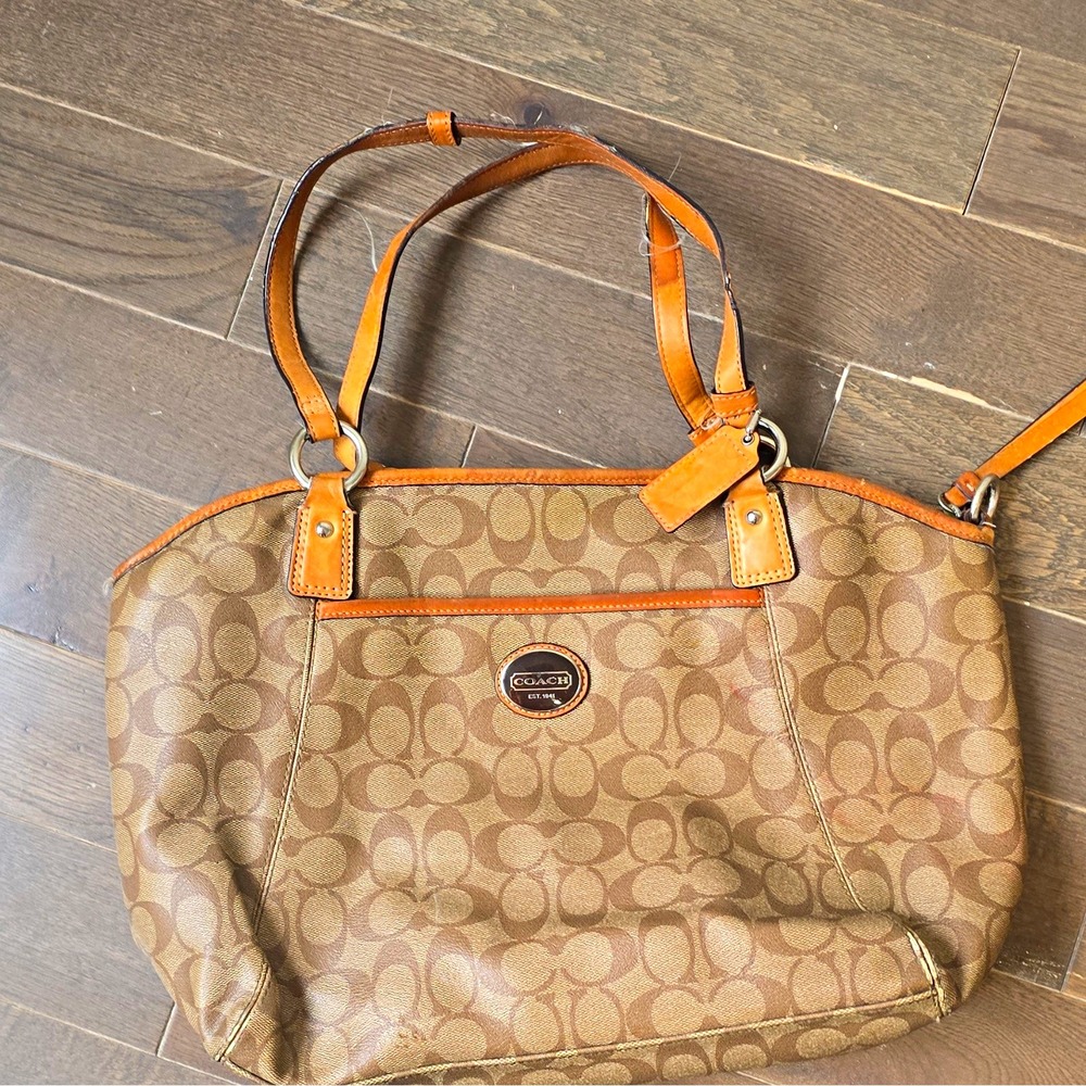 Coach Signature Logo Shoulder Bag Beige/Brown/Tan Zip, Double Handles, Charm